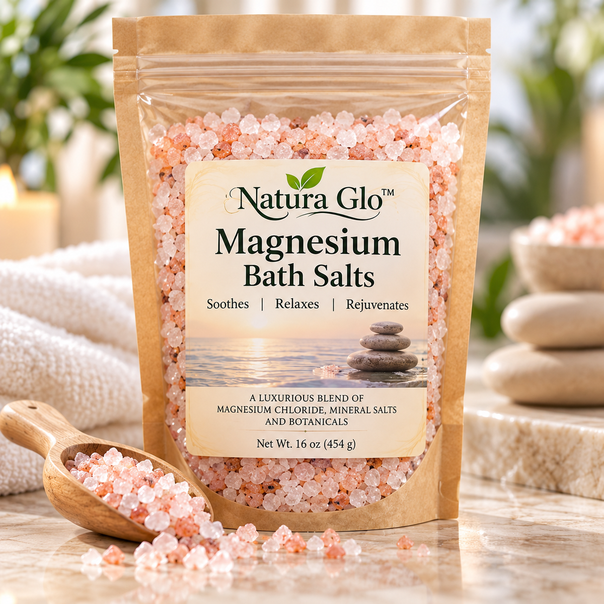 Natura Glo Magnesium Bath Salts in a 16 oz resealable pouch