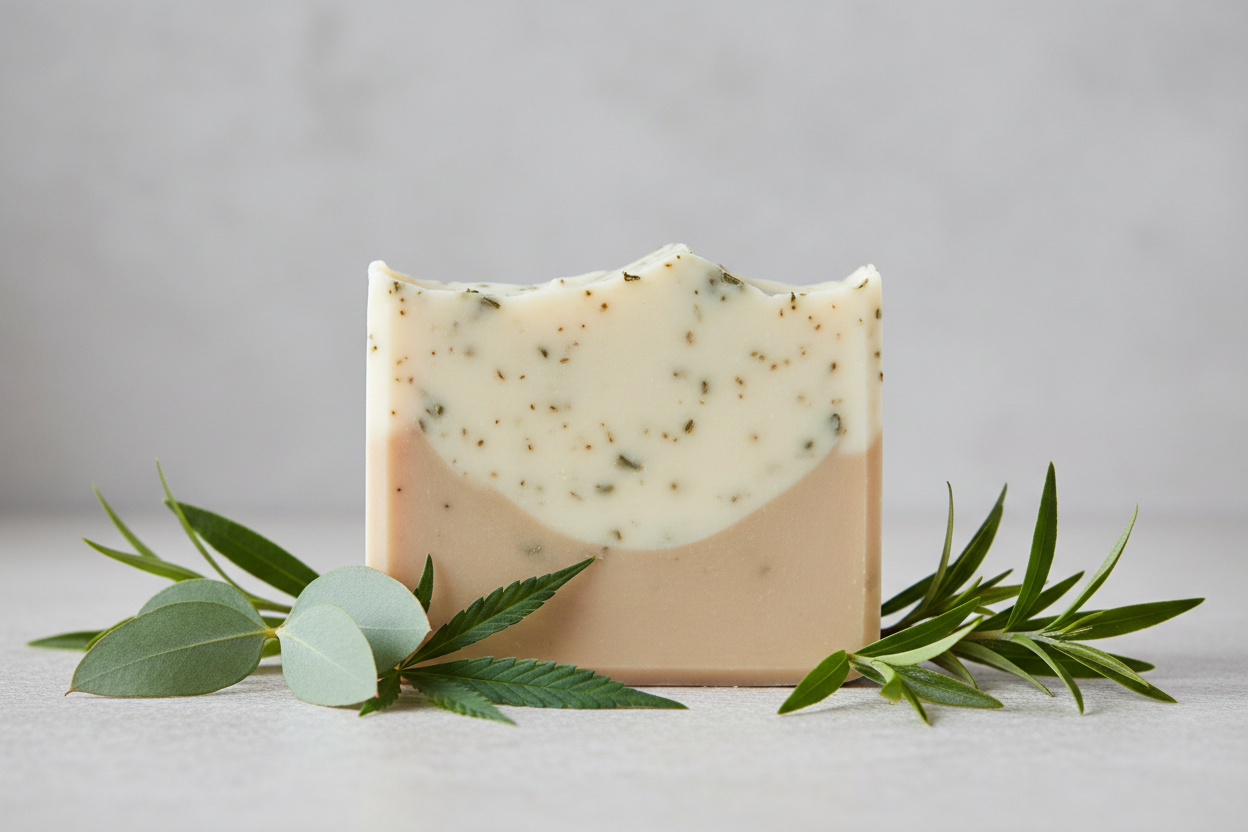 add leaves of eucalyptus, hemp and tea tree to foreground