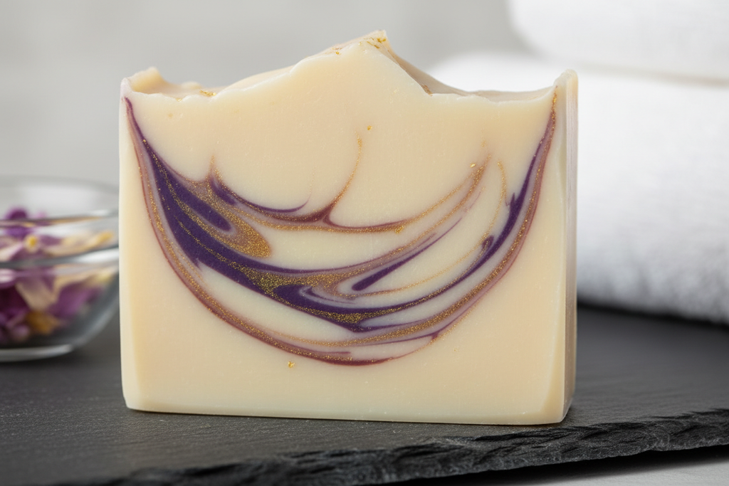 bar soap with skinny small streaks of purple, gold, and light burgandy with a base color of cream
