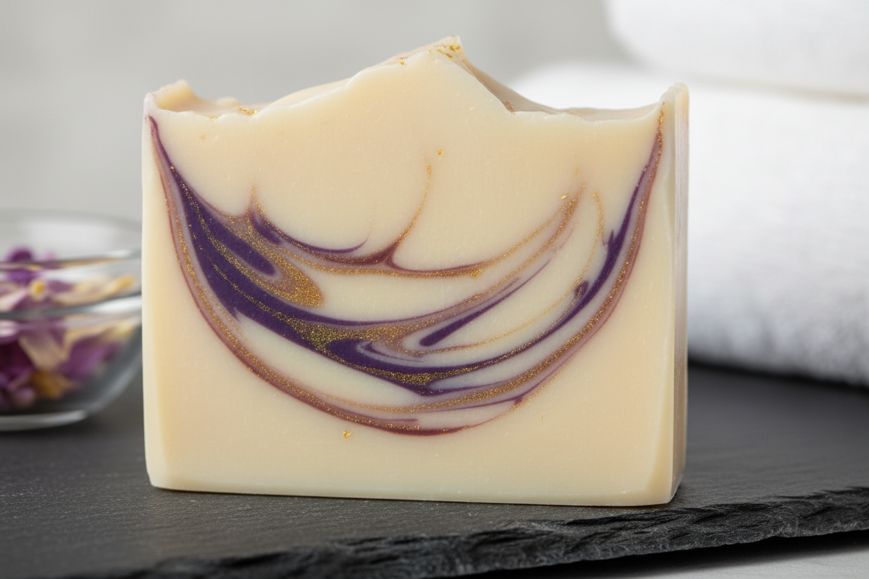 bar soap with skinny small streaks of purple, gold, and light burgandy with a base color of cream