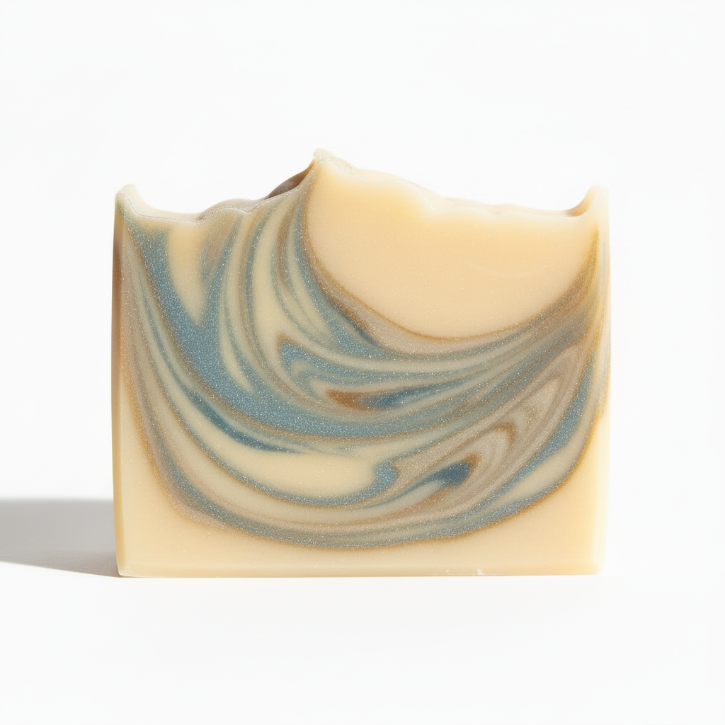 cream color soap with thin lines of silvery blue swlrls and golden sparkle swirls