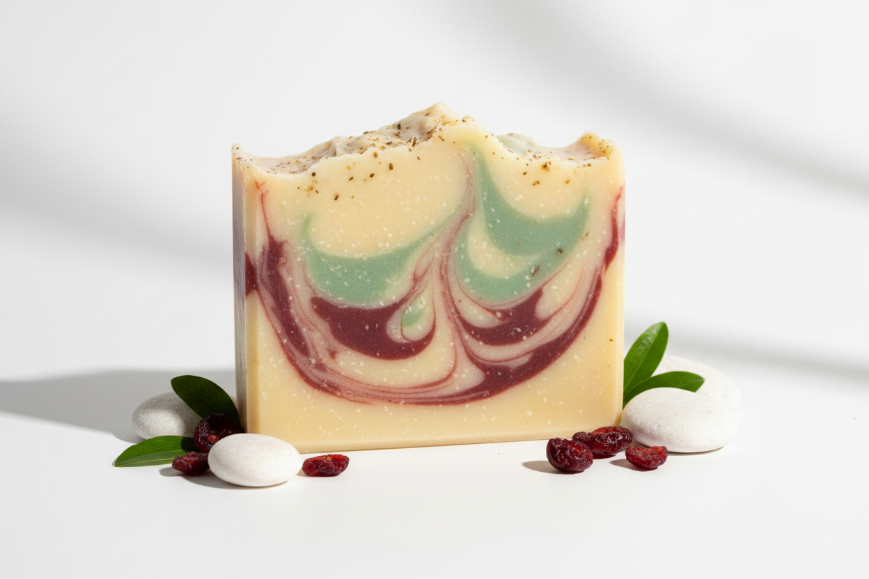 creamy base with light swirls of cranberry and green colors