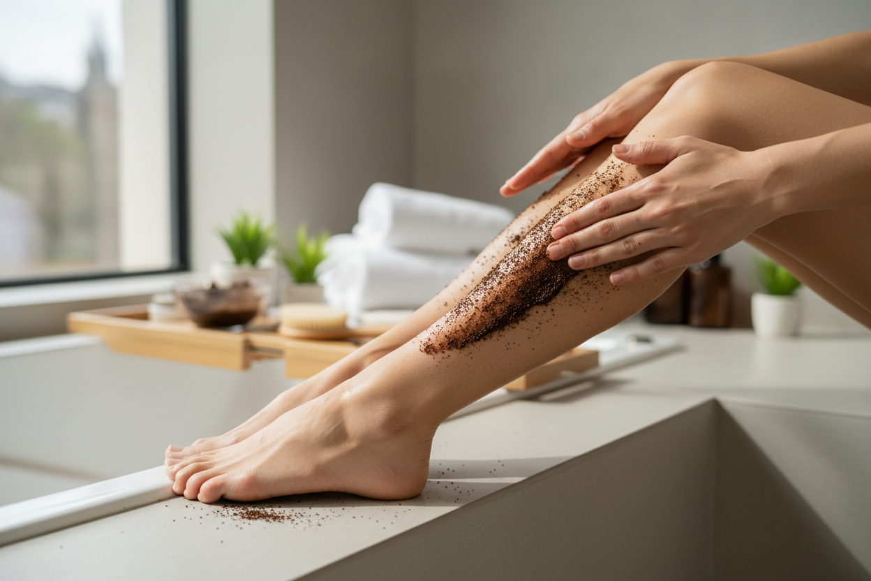 create a person using coffee scrub on their legs and feet