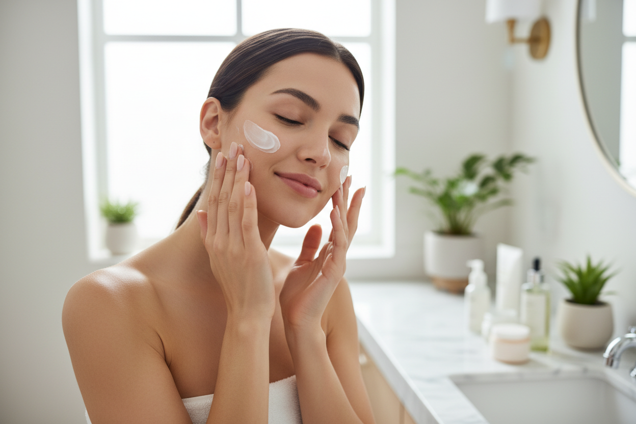 create a woman applying face cream to face