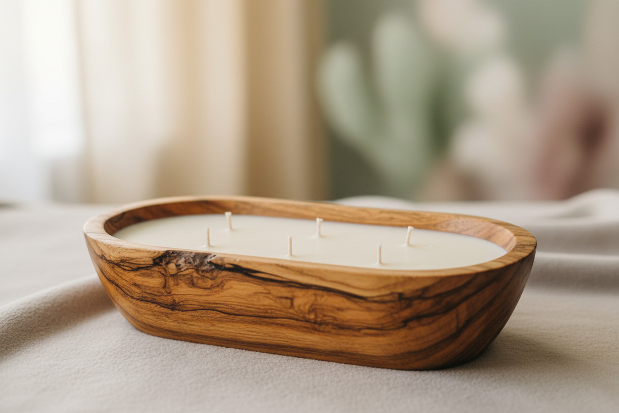 create a wooden dough bowl candle with a soothing background
