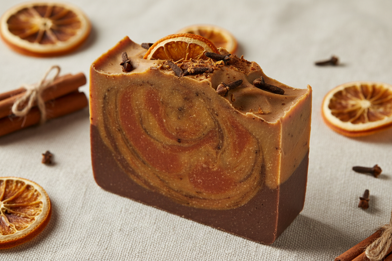 create an image of soap from orange, patchouli, clove and cinnamon