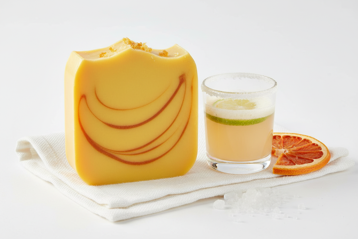 grapefruit margarita soap with a base color of golden yellow with few tiny thin swirls of orange