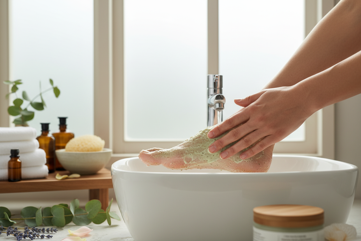 person using foot scrub