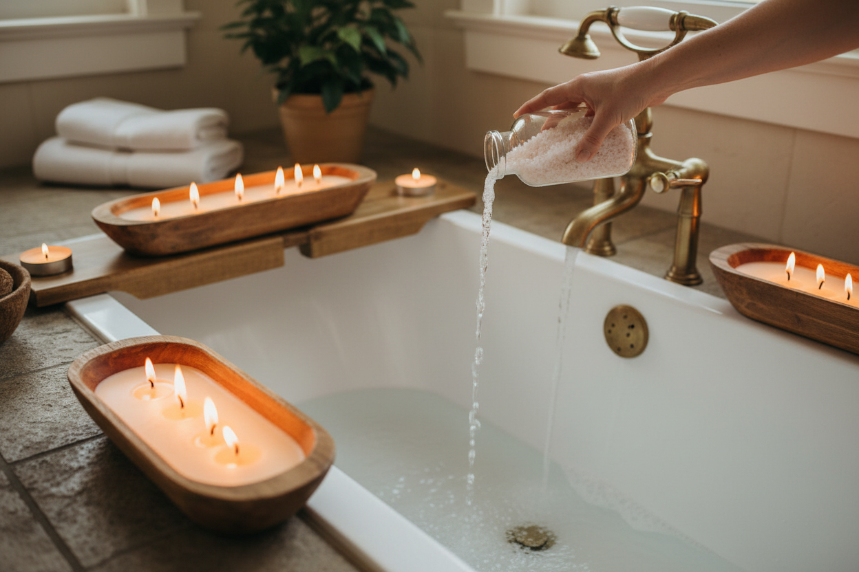 pouring bath salts under a spout of water to a bath tub. Surround the tub with wooden dough bowl candles