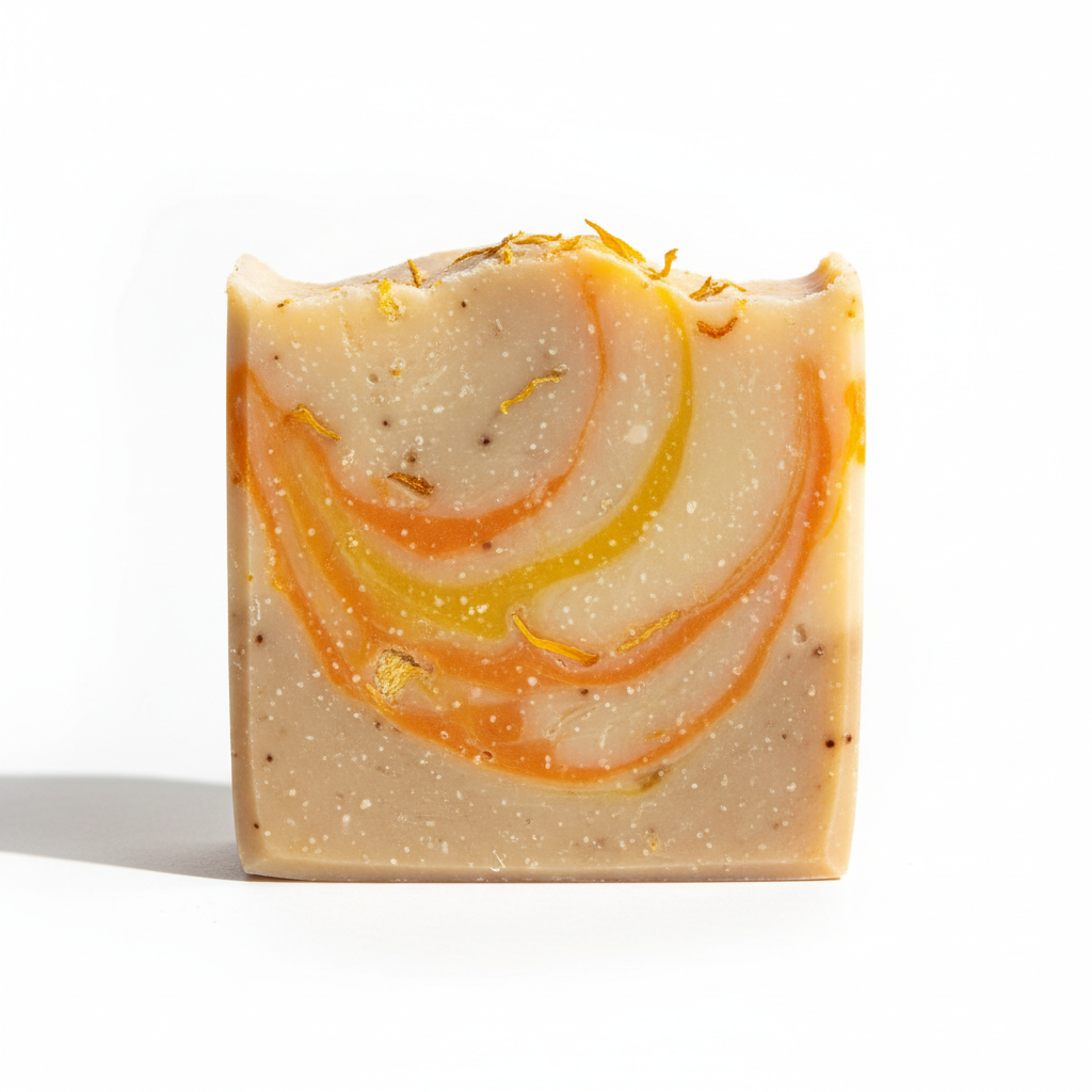 Square soap bar with neutral colora and citrus streaks