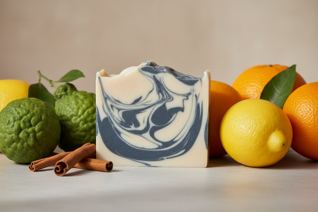 Use colors of cream with grey and dark blue ribbon flowing in the soap